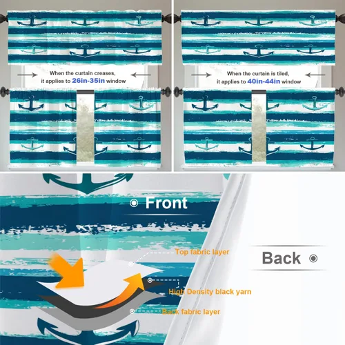 Vista 3 de Maritime Ocean Blackout Tier Curtains, Anchors Nautical Art Half Window Drapes for Kitchen with Rod Pocket,Room Darkening 2 Pack 26X24 Inches