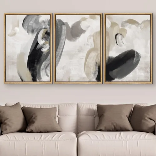 Vista 417 de SIGNFORD - Set de obras de arte en lienzo enmarcado para pared, ilustraciones abstractas de neblina del desierto en tonos neutros beige y marrón