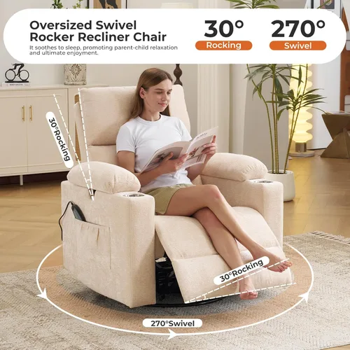 Vista 5 de Sillón reclinable eléctrico con balanceo para guardería con apoyabrazos ajustables, silla de lactancia con función de masaje y calor, reclinable
