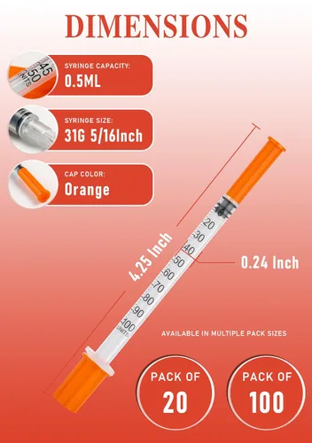 Vista 18 de Jeringas de 0.0 fl oz 29G 1/2" 0.512 in U-100 Jeringa de laboratorio desechable con tapa, paquete de 20 Calibre 29 de 1/2 pulgada, diseño a prueba