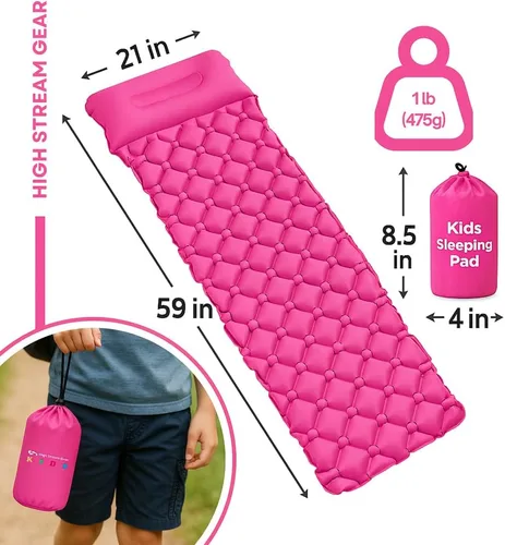 Vista 2 de Kids Sleeping Pad for Camping and Sleepovers with Pillow, Inflatable Camping Mattress for Backpacking & Travel, Thick Toddler Cot Mat, Fast
