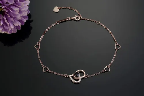 Vista 3 de OneSight Pulsera de proyección de corazón para mujer, joyería de plata de ley 925, pulsera o tobillera con memoria de amor, 100 idiomas diferentes