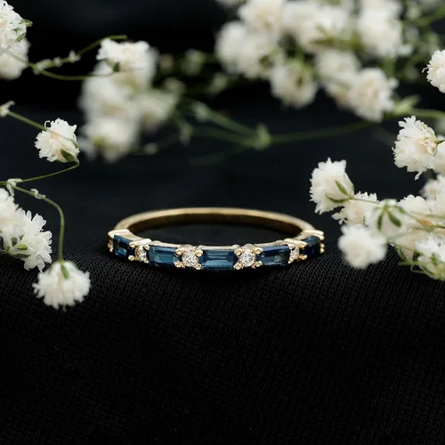 Vista 14 de Natural London Blue Topaz Diamond Half Eternity Anillo de calidad AAA, anillo apilable de topacio certificado – con joyero
