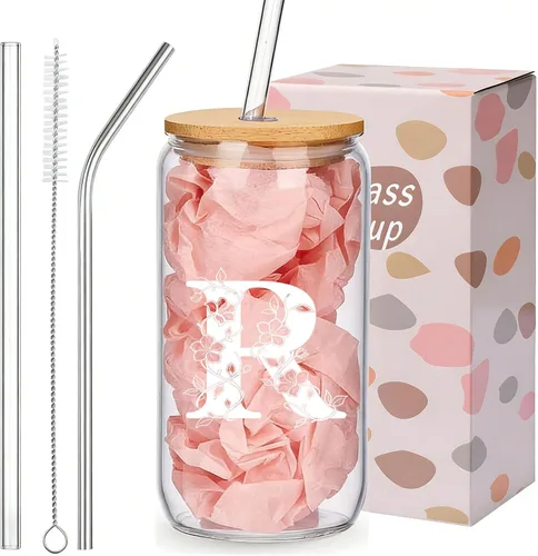 Vista 23 de Regalos personalizados para mujeres, tazas de vidrio con monograma con tapas y pajitas, regalos personalizados para mujeres, vasos de café helado