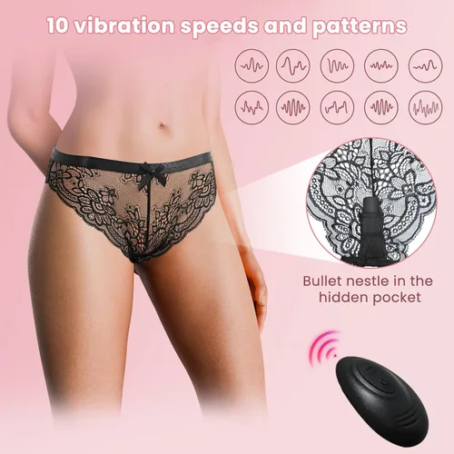Vista 2 de Vibrador portátil con control remoto, XS a 4X (24 a 45 pulgadas de cintura), bragas de encaje vibratorias con entrepierna abierta, juguetes sexuales