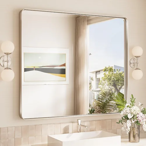Vista 20 de TokeShimi Espejo de pared de baño de níquel cepillado de 20 x 30 pulgadas, marco de metal, esquina redonda, rectangular, para decoración del hogar