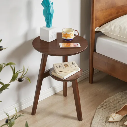 Vista 7 de Solid Wood 2-Tier Round Side Table Full Wood Living Room End Table 16 inch Walnut Brown