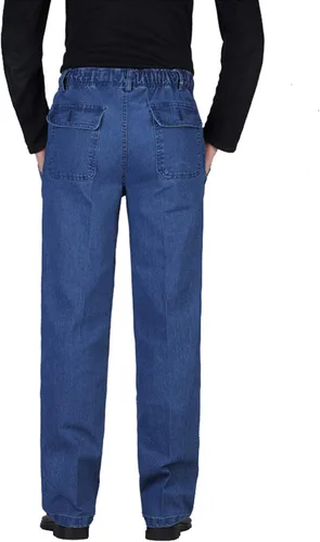 Vista 2 de Locachy Pantalones de mezclilla de cintura elástica para hombre, estilo casual, sueltos, rectos