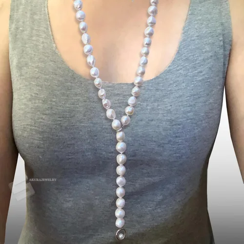 Vista 2 de Big Baroque Pearls Lariat Necklace, 12-13MM Freshwater Cultured Pearls In Sterling Silver Clasp Necklace, 37" Long Strand Pearl Necklace
