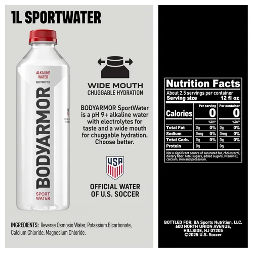 Vista 2 de BODYARMOR SportWater Agua alcalina, agua embotellada de alta alcalina, pH 9+, 1 litro (paquete de 6), paquete de agua refrescante con electrolitos