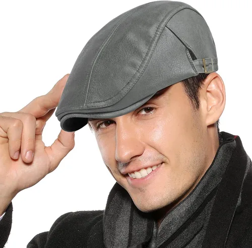 Vista 14 de Panegy Sombrero de periódico para hombre, gorra plana de piel sintética, sombrero de boina ajustable, sombrero de hiedra para conducir golf al aire