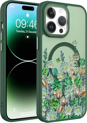 Vista 12 de Magnético para iPhone 13 con protector de pantalla [Compatible con MagSafe] Diseño de patrón floral de flores bonitas, funda delgada a prueba