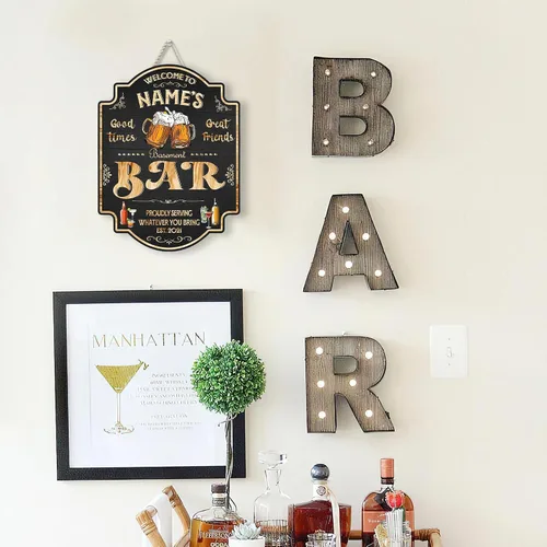 Vista 8 de Placa de pared personalizada con letrero de madera con texto en inglés "Welcome To Our Bar" (NO REAL CARVED), decoración de barra de sótano, sala