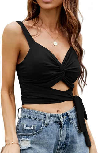 Vista 4 de LYANER Camiseta sin mangas con cuello en V profundo, nudo torcido, cintura hueca, corbata