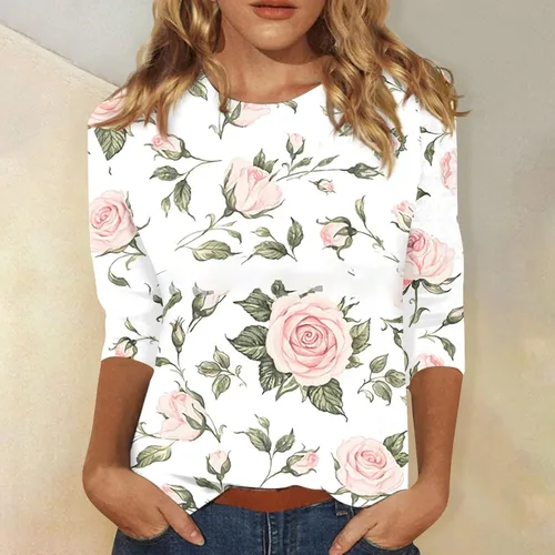 Vista 18 de Camisetas personalizadas para mujer, a la moda, casual, de séptima manga, estampada, cuello redondo, camiseta