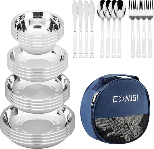 Vista 9 de Kit de 28 piezas de vajilla para acampar, regalos de camping, juegos de utensilios de cocina, accesorios de camping, utensilios de cocina para Negro