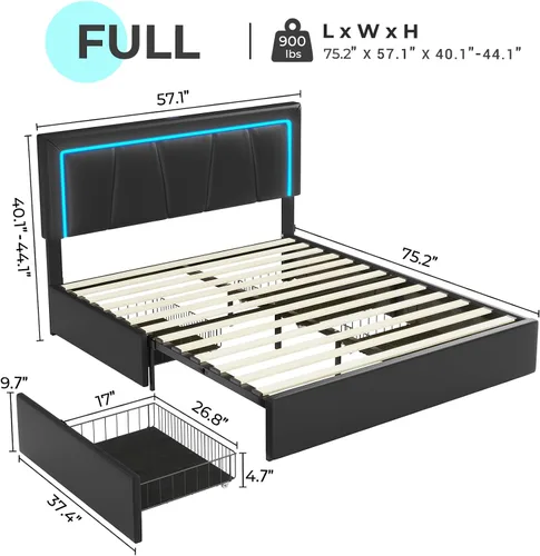 Vista 6 de Hasuit Marco de cama Full con 4 cajones de almacenamiento debajo, cama de plataforma tapizada tamaño Full con cabecera de cuero artificial, cama