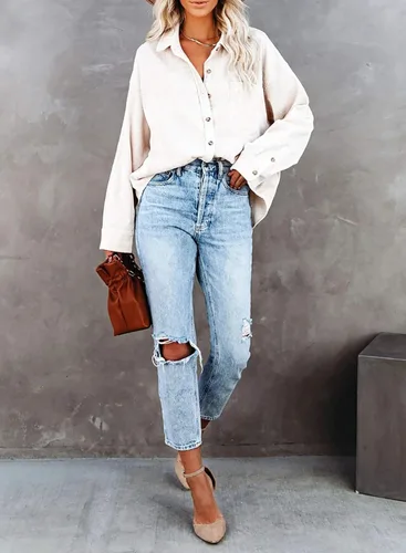 Vista 9 de Astylish - Camisas de pana para mujer, blusa informal de manga larga con botones