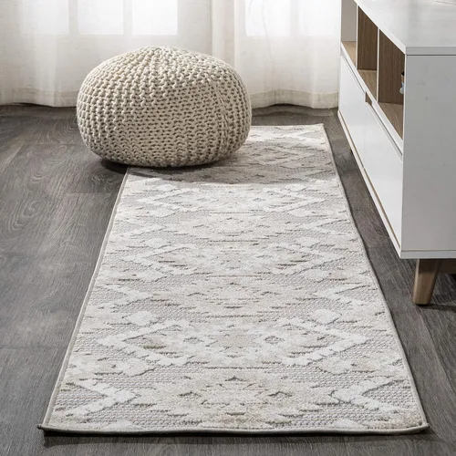 Vista 3 de JONATHAN Y Alfombra de pasillo Kilim Diamante Neutro para interiores y exteriores, 2 x 8 pies, color beige/gris, Sumak pelo alto y bajo para patio