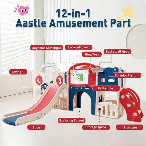 Vista 3 de Set de juego de 12 en 1 para niños pequeños al aire libre con tobogán, parque infantil para niños pequeños y juego de columpios, juego de escalador