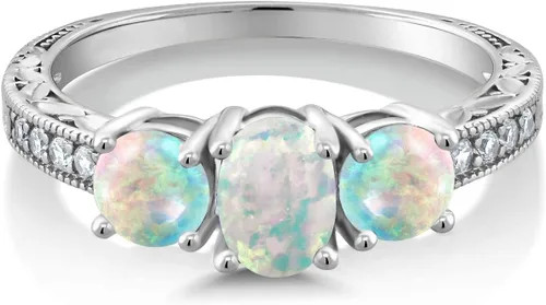 Vista 2 de Gem Stone King Anillo de compromiso de 3 piedras preciosas de oro blanco de 10 quilates con piedra natal y diamantes cultivados en laboratorio