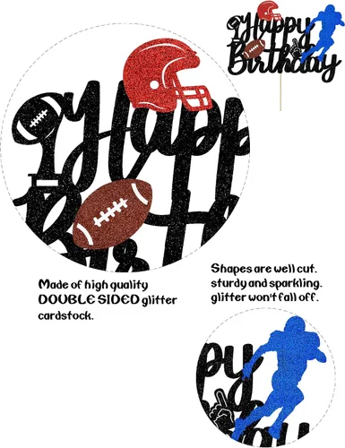 Vista 3 de Decoración para tartas de fútbol americano, decoración para niños y adultos, con purpurina para tocar, decoración de feliz cumpleaños, suministros