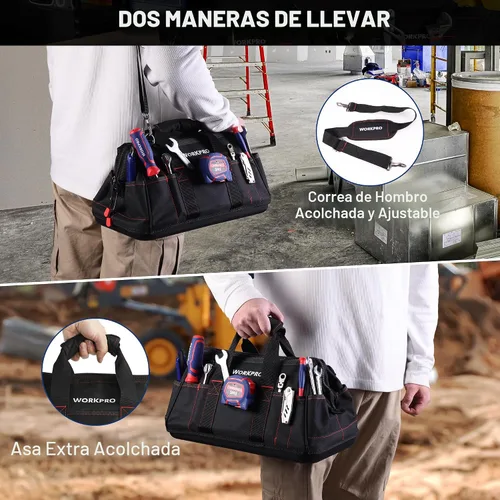 Vista 8 de WORKPRO W081022A - Bolsa de almacenamiento de herramientas de boca ancha con base de goma resistente al agua, 16 pulgadas