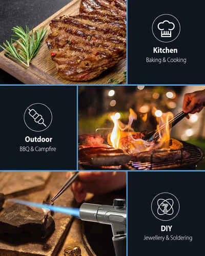 Vista 6 de RONXS Encendedor de antorcha, soplete de butano de cocina recargable, soplete de cocina con bloqueo de seguridad y llama única o doble ajustable