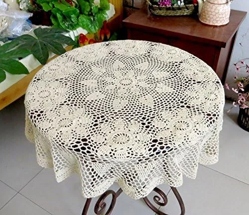 Vista 4 de Laivigo Tapabocas redondos hechos a mano con encaje de ganchillo, 31 pulgadas, color beige
