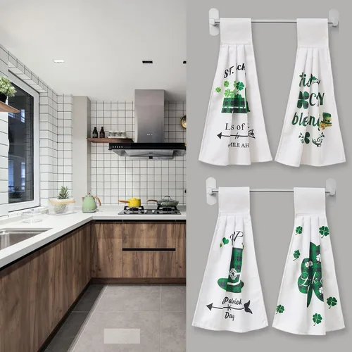 Vista 3 de Toallas Colgantes de Trébol del Día de San Patricio para Cocina Juego de 4 Toallas de Mano con Lazo para Decoración de Cocina y Baño, Tréboles