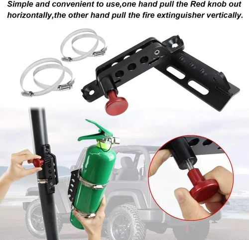 Vista 4 de Barra antivuelco de liberación rápida para extintor de incendios, soporte de montaje para extintor compatible con Jeep Wrangler Gladiator Ford