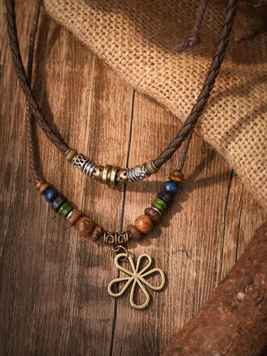 Vista 6 de MINACHI Layered Boho Wood Bead Choker Necklace, Hollow Flower Charm, Personality Jewelry for Men and Women