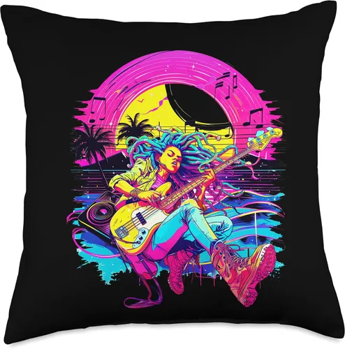 Vista 4 de Retro 80's 90's streetwear synthwave Guitar lady Guitarist Throw Pillow
