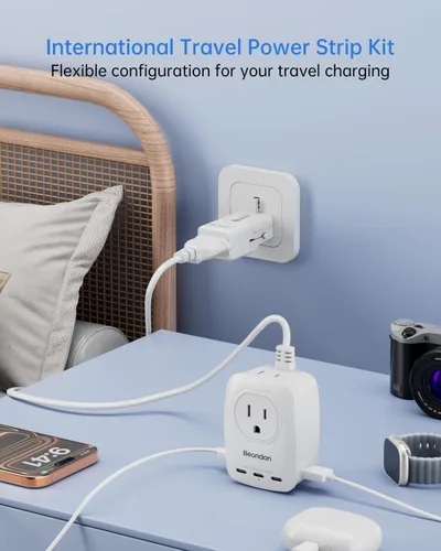 Vista 2 de BEONDON Adaptador de enchufe de viaje europeo, regleta de alimentación de 3 pies con 5 puertos USB (3 USB-C) y 2 puertos de CA, enchufes JP UK EU AU