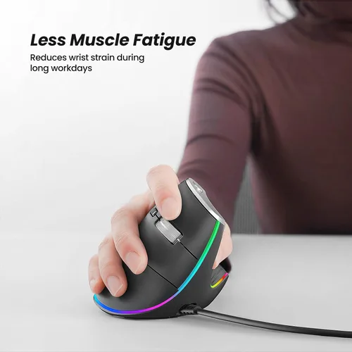 Vista 2 de Nulea M504 Ratón Vertical con Cable, Ratón Óptico Ergonómico USB con 4 DPI Ajustables, 11 Modos de Retroiluminación RGB, Compatible para Laptop, PC
