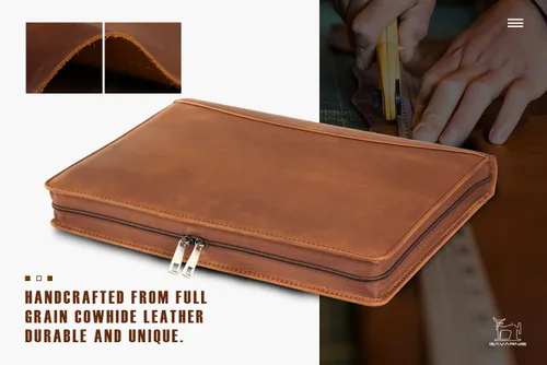 Vista 6 de Cartera de cuero genuino con cremallera para hombre, cartera de negocios para portátil de 13 pulgadas, con bloc de notas tamaño carta, color marrón