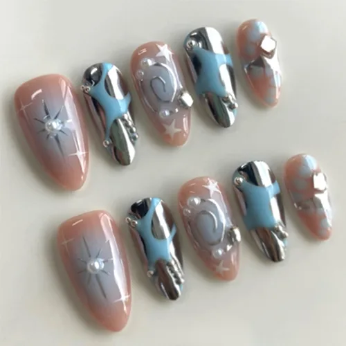 Vista 36 de 24 piezas de uñas postizas de punta francesa a presión, uñas postizas medianas en forma de almendra con diseño de ondas azul oscuro, uñas postizas