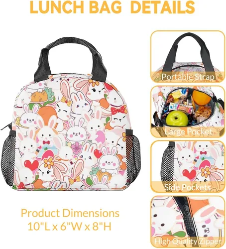 Vista 2 de Lonchera de conejo para niños, pequeña bolsa de almuerzo aislada, bonita lonchera reutilizable para niñas, bolsas de almuerzo congelables blancas
