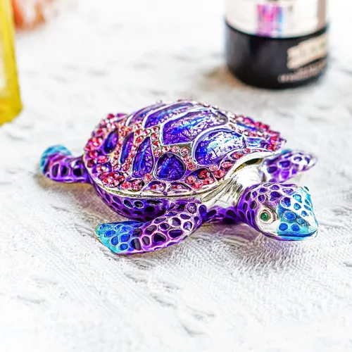 Vista 4 de YU FENG Caja de joyería de figura de tortuga marina con bisagras coleccionables de cristal con bisutería decorativa de tortuga de animales (morado)