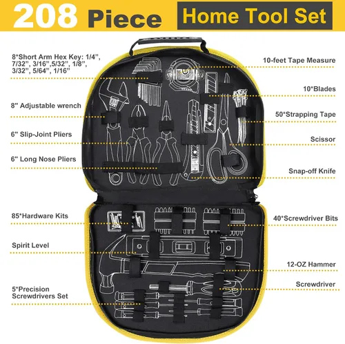 Vista 2 de TOPLINE Kit de herramientas básicas para el hogar de 208 piezas con bolsa redonda de fácil transporte, herramientas manuales para el hogar, juego