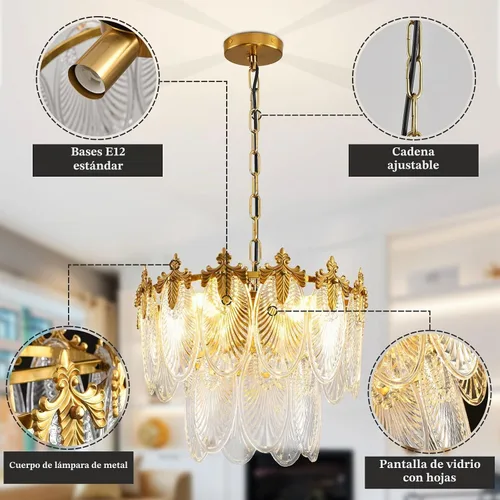 Vista 4 de Antique Chandeliers 2-Layer Gold Crystal Glass Chandelier, 4-Light Round Pendant Light 17.7" Brushed Brass Adjustable Height, Applicable to Dining