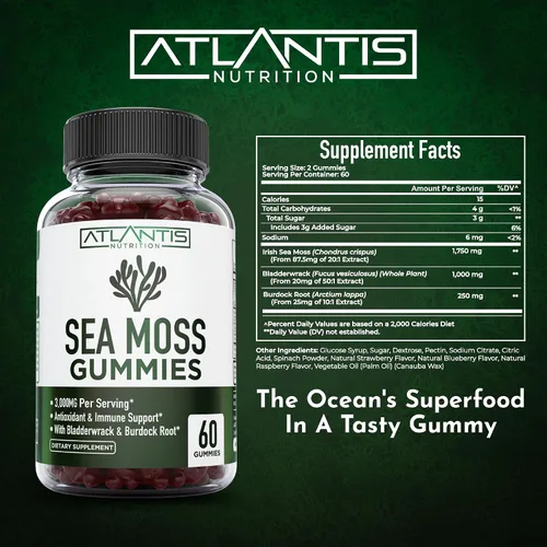 Vista 5 de Gomitas de musgo marino irlandés, 3000 mg, formuladas con musgo marino irlandés, vejiga y raíz de bardana, contienen vitaminas y minerales