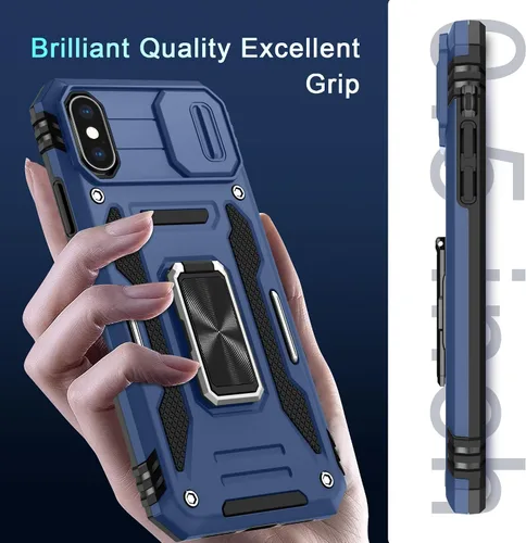 Vista 156 de DEERLAMN Funda para iPhone Xs Max con funda deslizante para cámara + protector de pantalla, soporte giratorio de anillo de grado militar a prueba