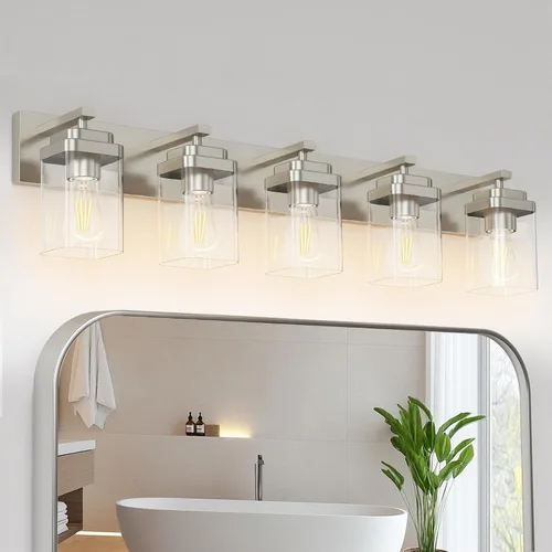 Vista 21 de Lámparas de baño de oro cepillado, 4 luces de baño sobre el espejo, diseño cuadrado y placa trasera grande rectangular, accesorios de iluminación