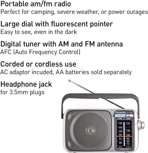 Vista 4 de RF2400D Radio AM/FM portátil plateada + 4 pilas AA con cargador + paño de limpieza de microfibra