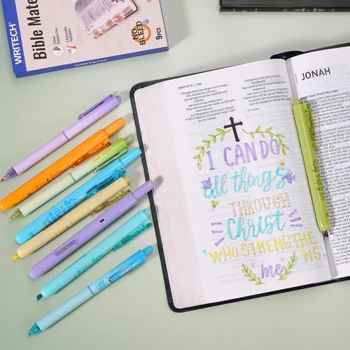 Vista 8 de WRITECH Set de marcadores y bolígrafos para diario de la Biblia Mate: marcadores sin sangrado para la Biblia y bolígrafos de bola de tinta negra