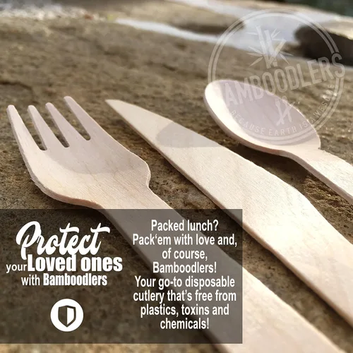 Vista 8 de juego de cubiertos de madera desechables 100 % natural, ecológico, biodegradable y compostable ¡La tierra es genial! 200 utensilios de 6.5