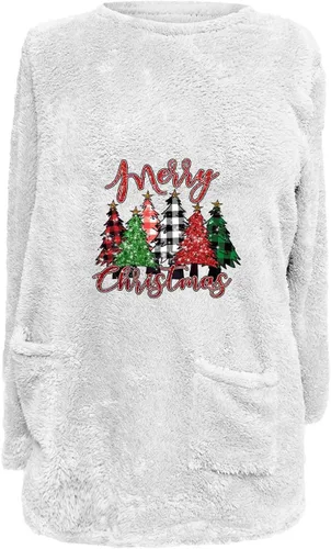 Vista 2 de Sudadera de sherpa para mujer, sudadera de Navidad con cuello redondo, sudadera gráfica de forro polar para invierno