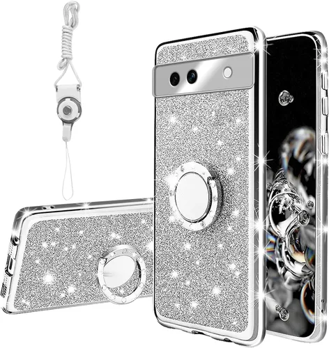 Vista 46 de Funda compatible con Google Pixel 6 Pro para mujer, con purpurina, suave, elegante, transparente, TPU de lujo, bonita funda protectora con correa