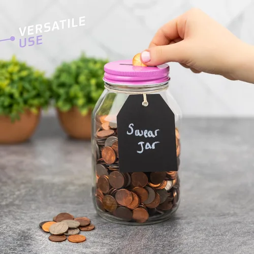 Vista 5 de Tarro grande con punta de banco de monedas con tapa rosa ranurada con capacidad para más de $350 en monedas, utilizado para alcancía, sorteo de Tapa